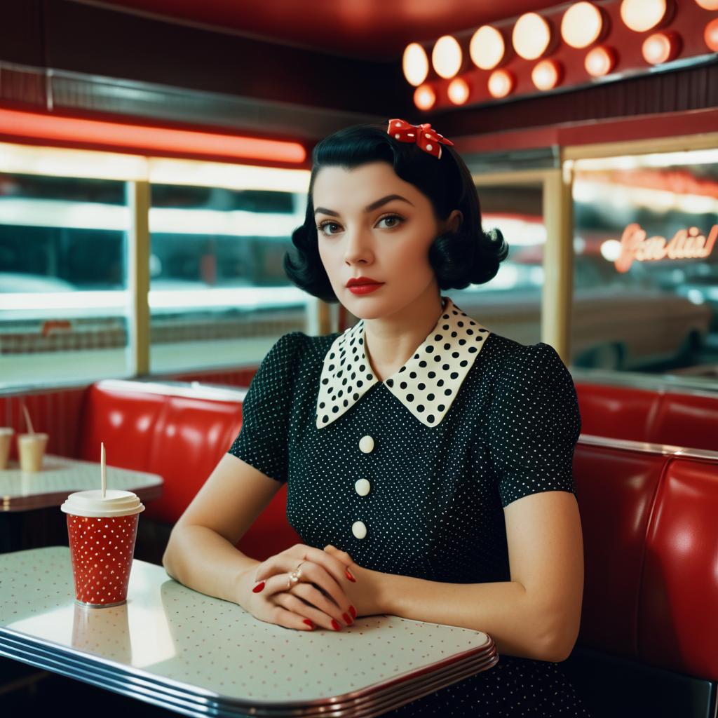 Elegant Woman in Vintage Polka Dot Dress at Retro Diner