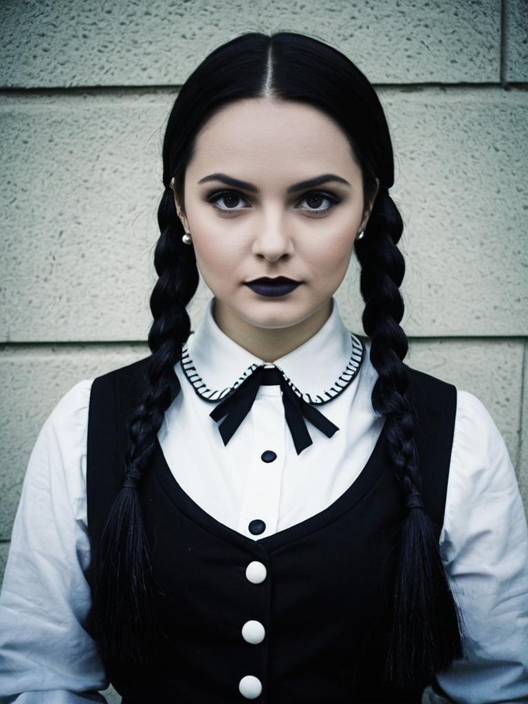 Woman in Wednesday Addams Costume Cosplay Festival Photo