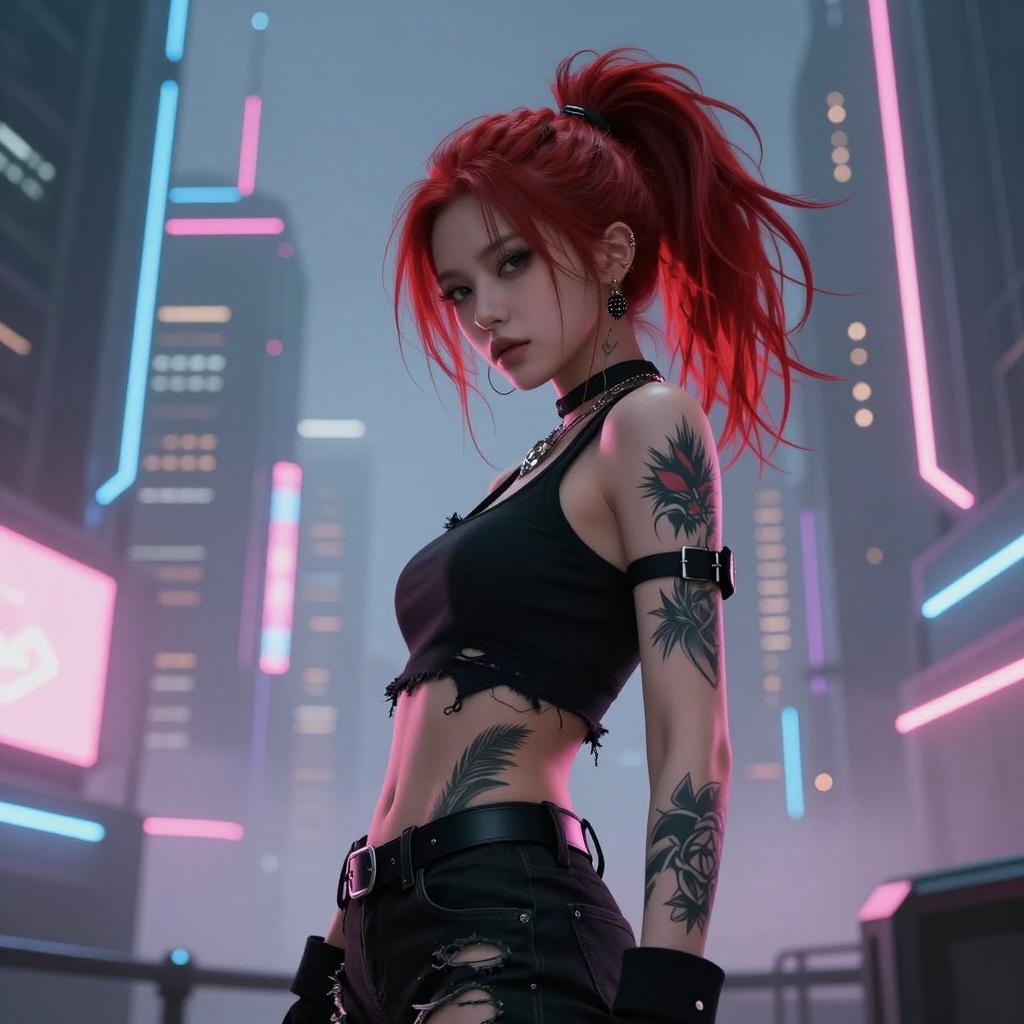 Cyberpunk Gen Z Woman with Red Hair and Tattoos in Neon City