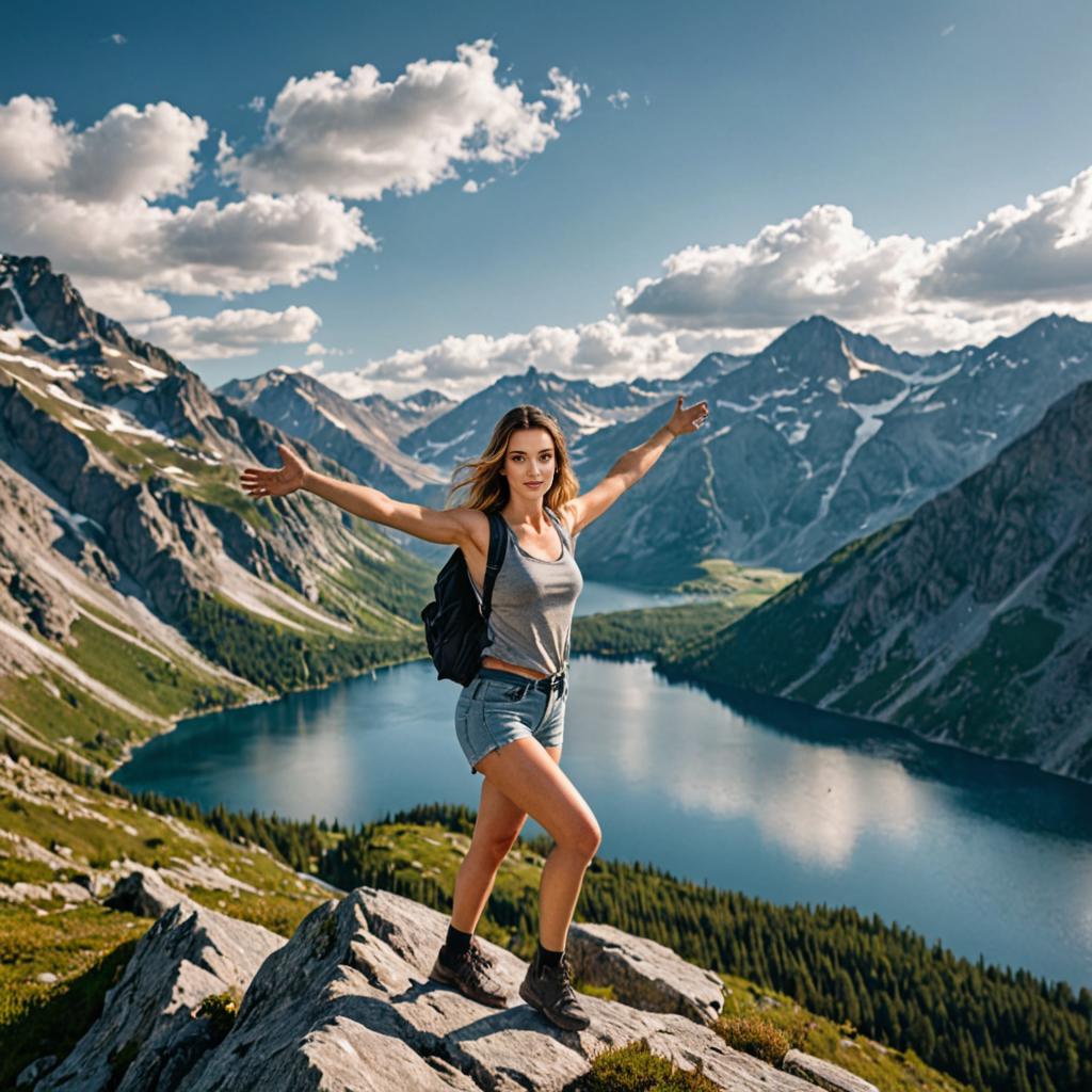 Woman Hiking by Mountain Lake