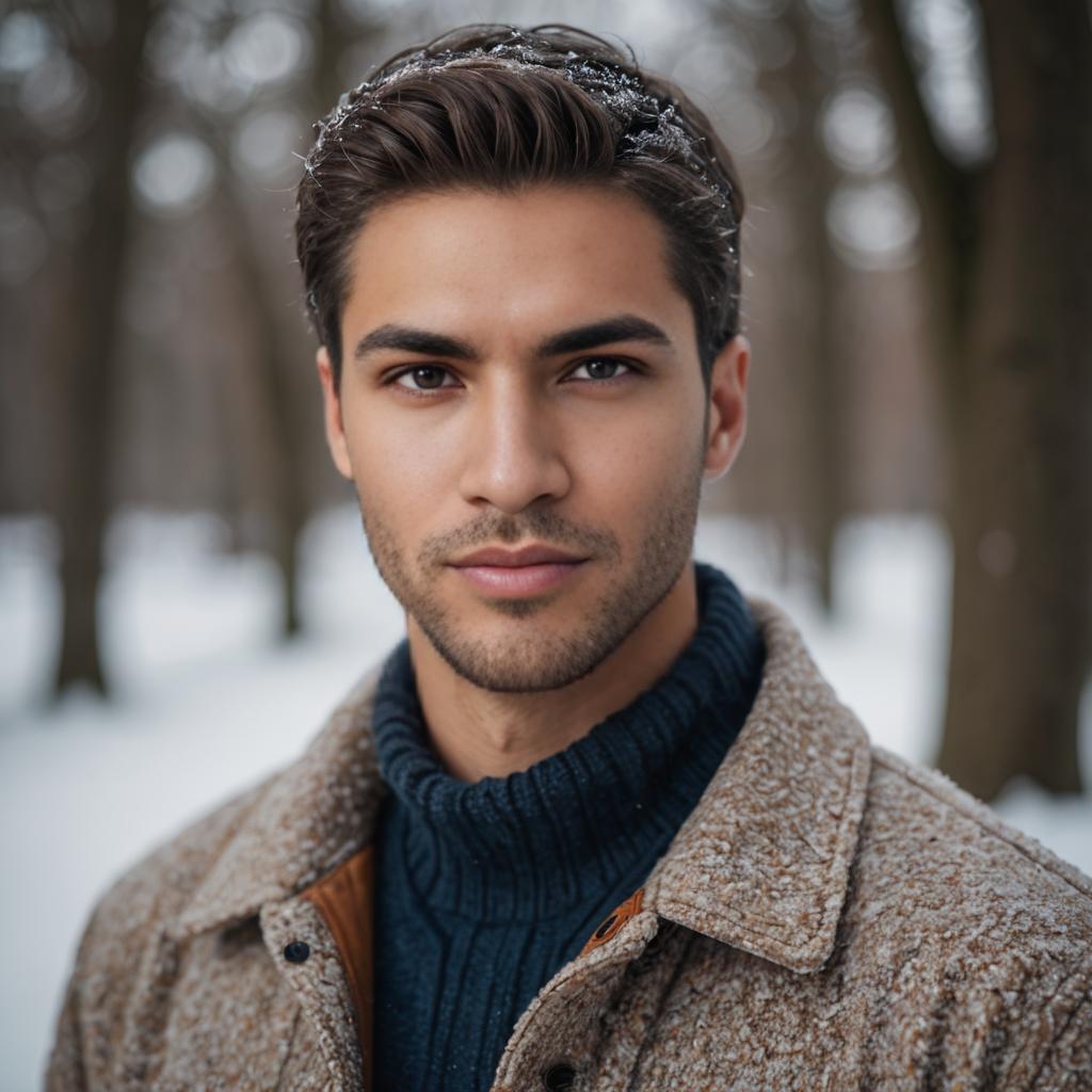 Confident Young Man in Snowy Forest