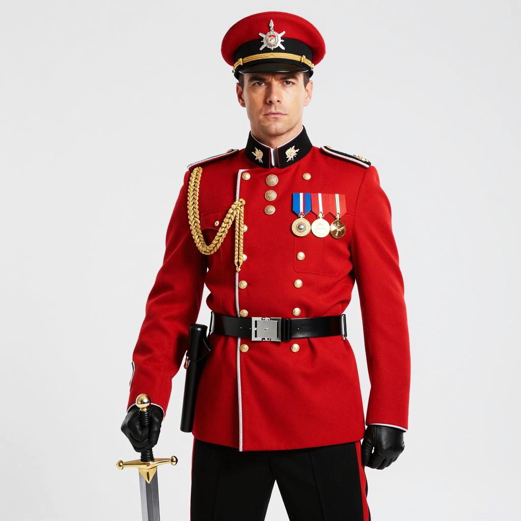Man in Formal British Red Military Uniform with Ceremonial Sword