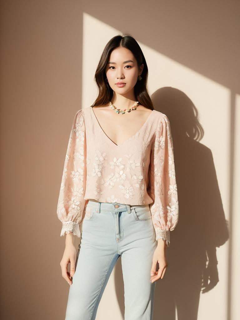 Woman Wearing Casual Chic Pastel Pink Blouse With Sheer Lace Sleeves and Light Blue Jeans