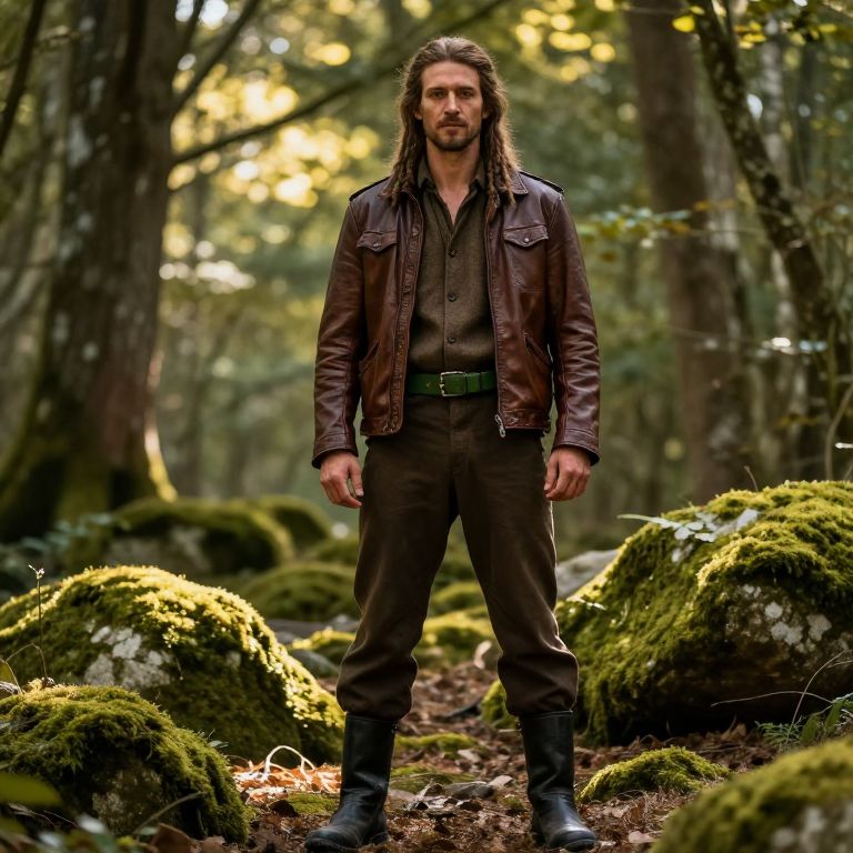 Man in Brown Leather Jacket Standing in Mossy Forest Path