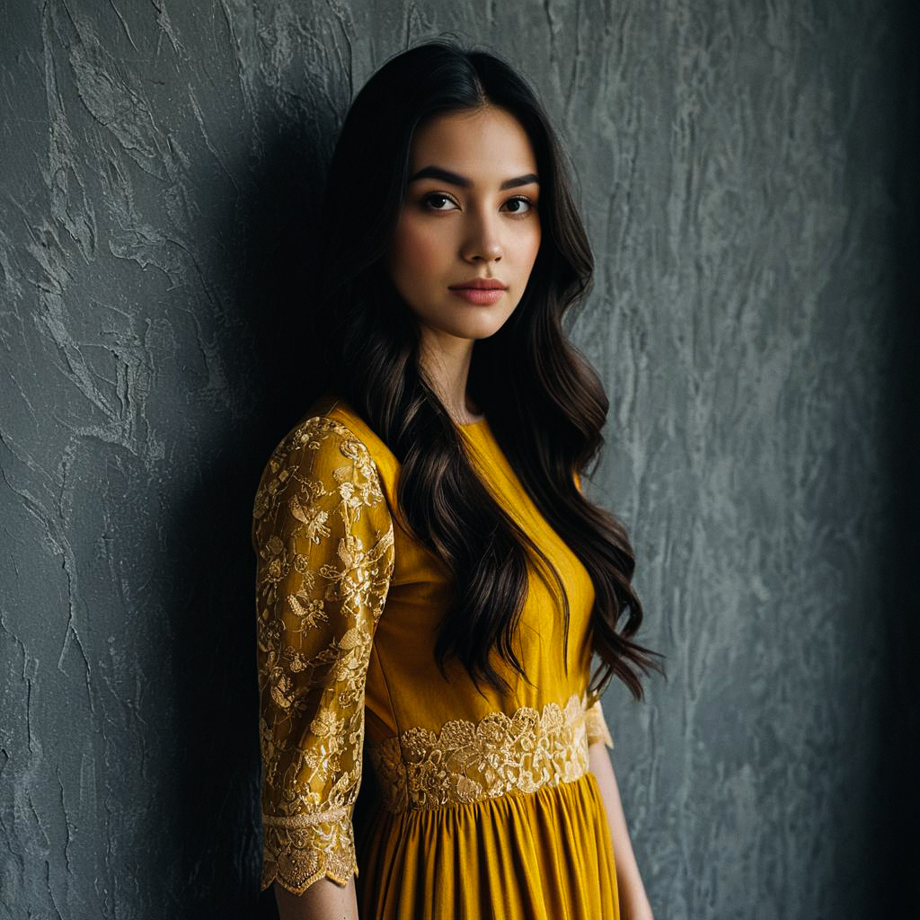Elegant Young Woman in Mustard Yellow Dress Against Gray Wall Elegant Young Woman in Mustard Yellow Dress Against Gray Wall