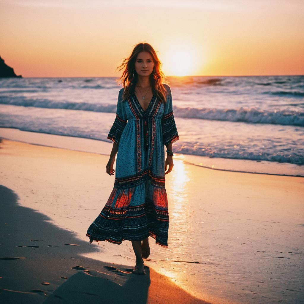 Bohemian Woman Walking on Beach at Sunset with Ocean Waves