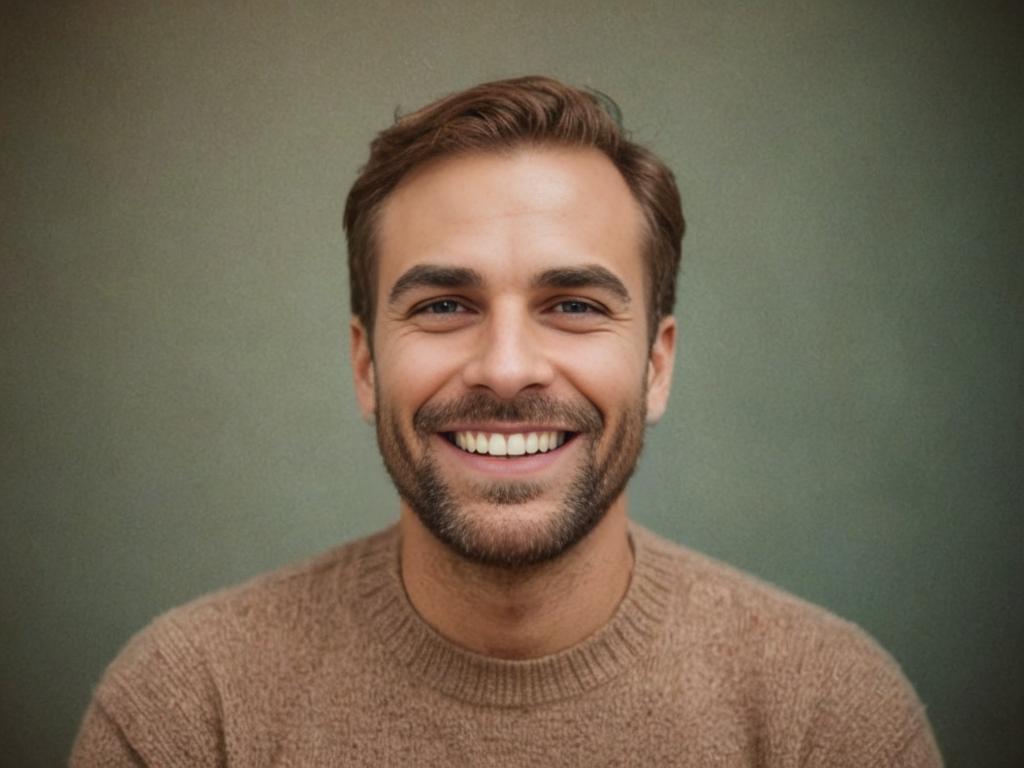 Smiling Man in Cozy Sweater Against Green Background