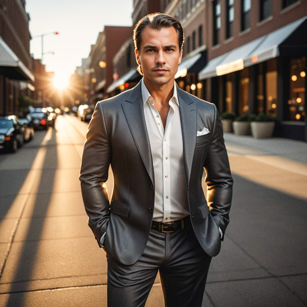 Stylish man in grey suit during golden hour