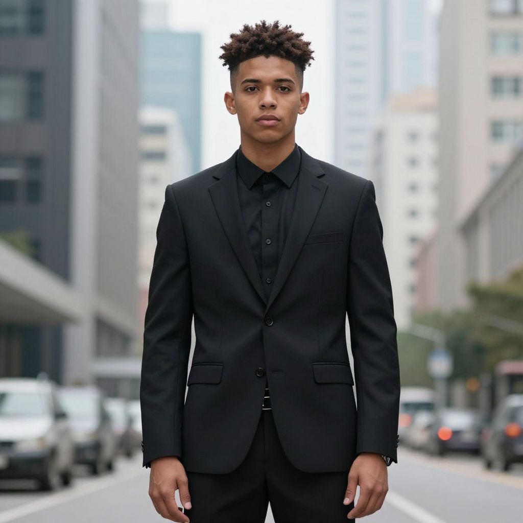 Confident Young Man in Black Suit Standing on Urban Street