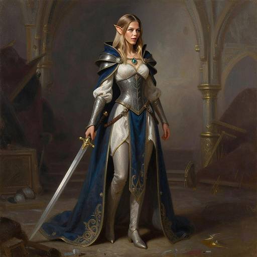 Regal Elf Woman Warrior in Medieval Armor with Sword