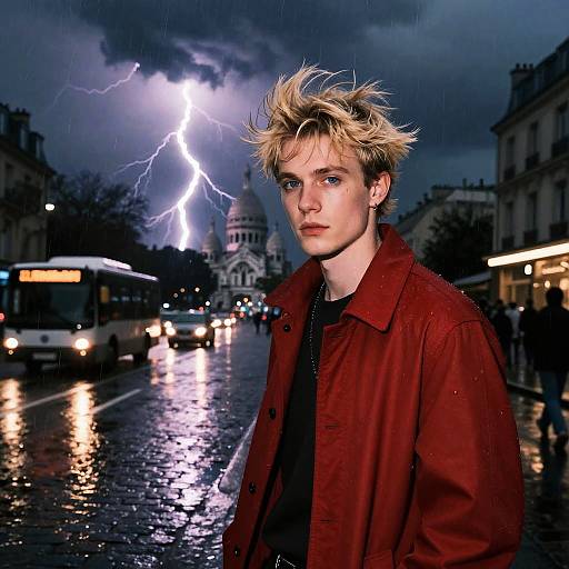 Gen Z Young Man in Red Jacket with Lightning at Sacré-Cœur