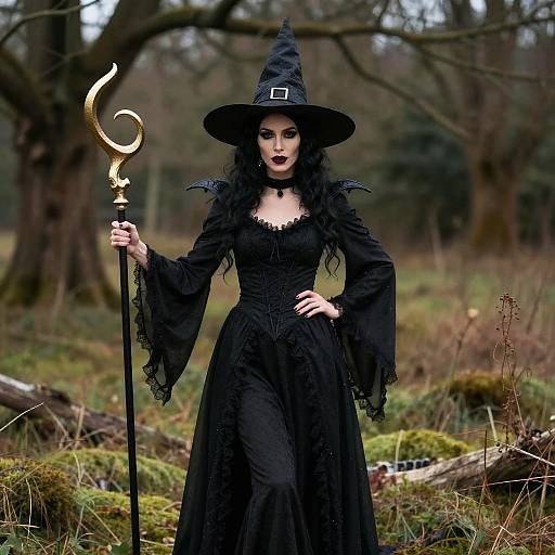 Wicked Witch Woman in Black Costume with Golden Staff in Forest