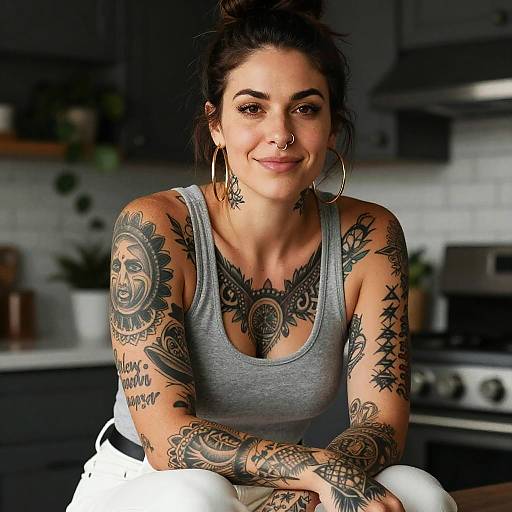 Tattooed Woman with Hoop Earrings Sitting in Modern Kitchen