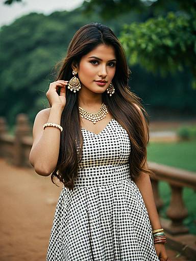Woman in Checkered Dress with Traditional Gold Jewelry by Gayathri Fashions