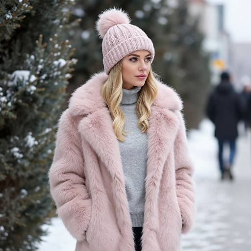 Winter Fashion Woman in Pink Fur Coat and Beanie Outdoors