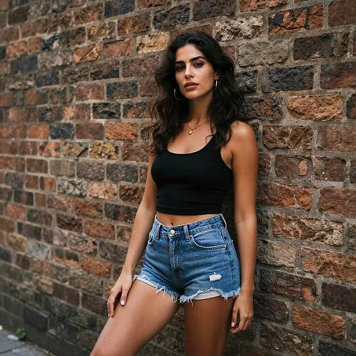 Confident Woman Posing in Casual Urban Outfit by Brick Wall