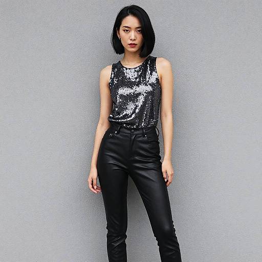 Chic Gen Z Woman Wearing Black Sequin Top and Leather Pants