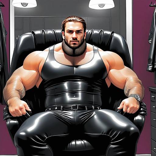 Muscular Man in Shiny Black Leather Outfit Digital Illustration