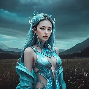 Futuristic Woman in Blue Outfit Against Dramatic Landscape