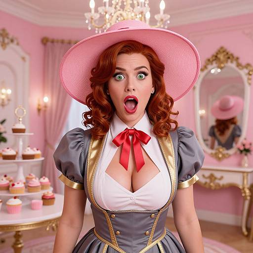 Retro Woman in Pink Hat Surprised Expression Vintage Style Dress