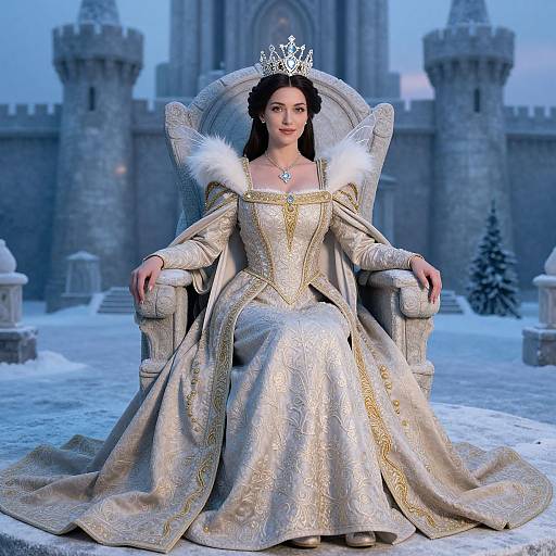 Regal Woman in White and Gold Gown Sitting on Throne at Snowy Castle