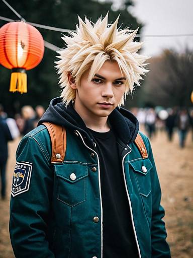Cosplay of Bakugou from My Hero Academia Wearing Hero Costume Outdoors
