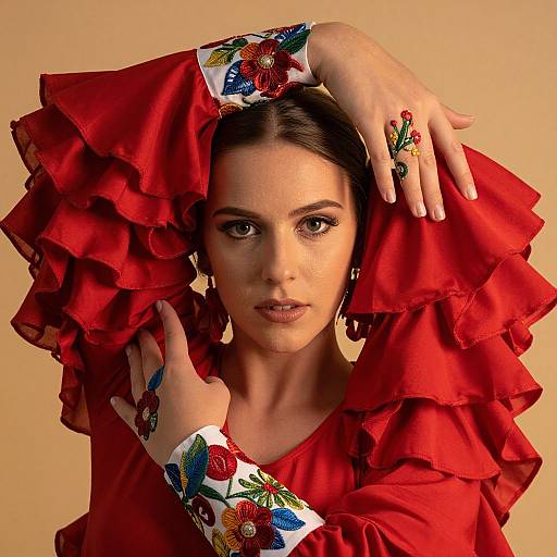 Flamenco Woman in Red Dress with Ruffled Sleeves and Floral Embroidery