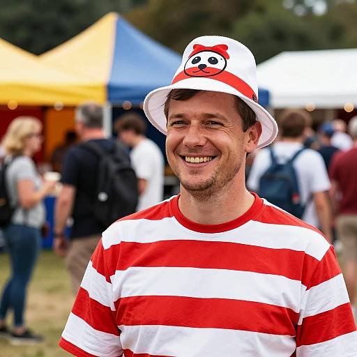 Smiling Man in Red and White Striped Shirt and Panda Hat at Outdoor Festival