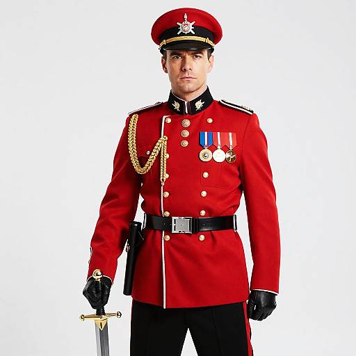 Man in Formal British Red Military Uniform with Ceremonial Sword