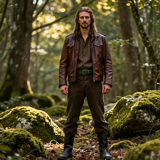 Man in Brown Leather Jacket Standing in Mossy Forest Path