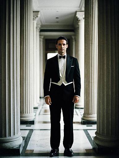 Man in Tuxedo Standing in Hallway with Columns