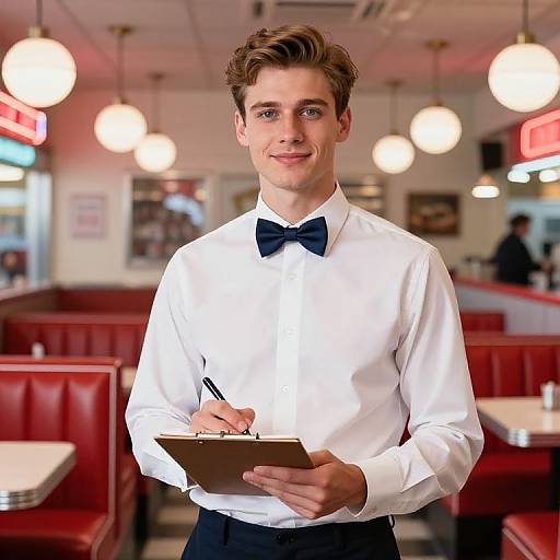 Young Male Waiter Taking Order in Retro American Diner