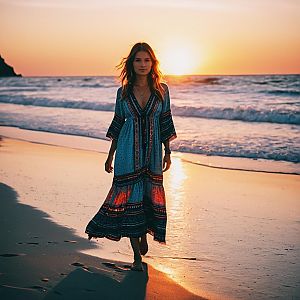 Bohemian Woman Walking on Beach at Sunset with Ocean Waves