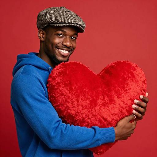 Smiling Man Holding Plush Red Heart Against Red Background
