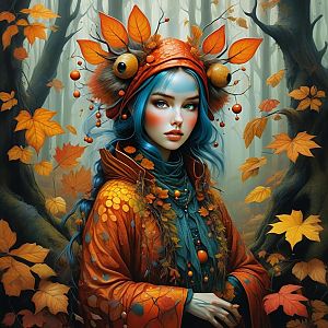 Woman with Blue Hair in Autumn Fantasy Attire