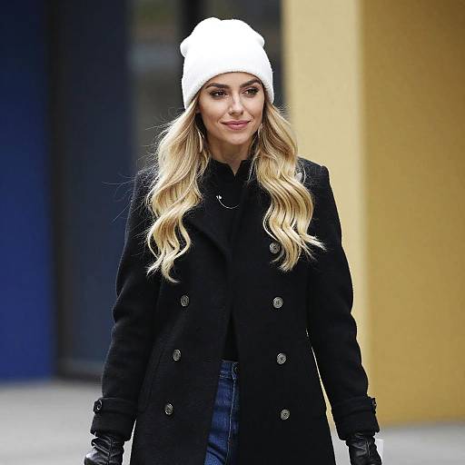Stylish Woman Wearing White Beanie and Black Coat Walking Outdoors