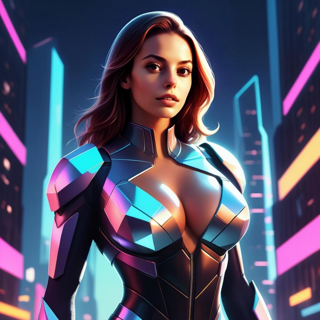 Woman in Futuristic Armor in Cyberpunk City