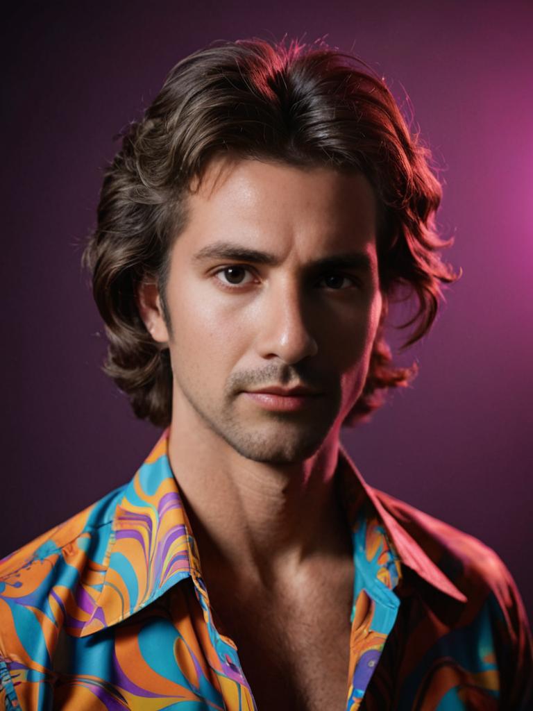 Man with Classic 70s Hairstyle and Colorful Shirt