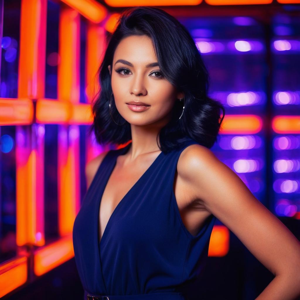 Stylish Woman in Neon Light Portrait with Blue Dress