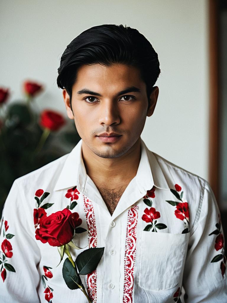 Man Wearing Traditional Guayabera Wedding Outfit Holding Red Rose
