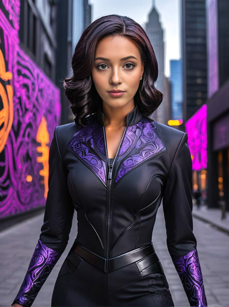 Woman in Black Panther Costume with Cityscape