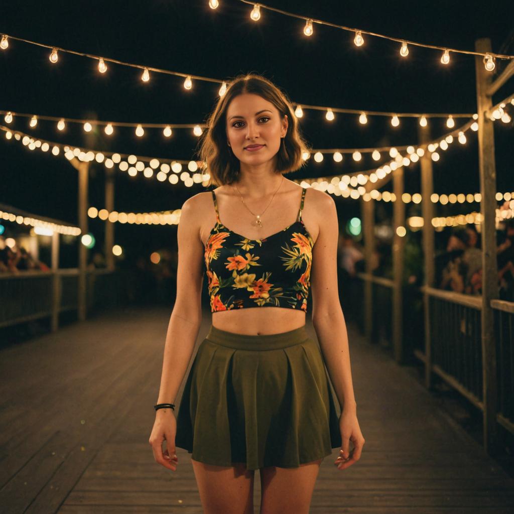 Young Woman in Floral Crop Top on Boardwalk at Night