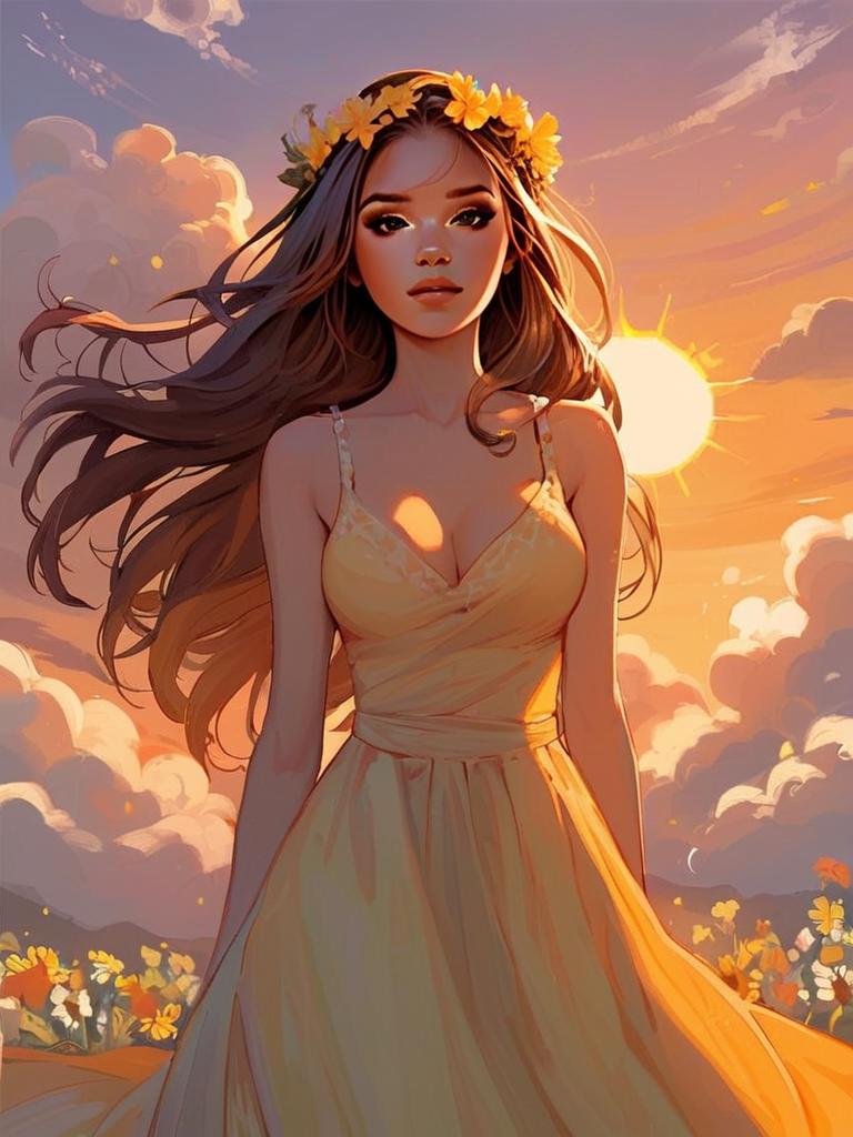 Woman in Yellow Dress with Flower Crown at Sunset Woman in Yellow Dress with Flower Crown at Sunset