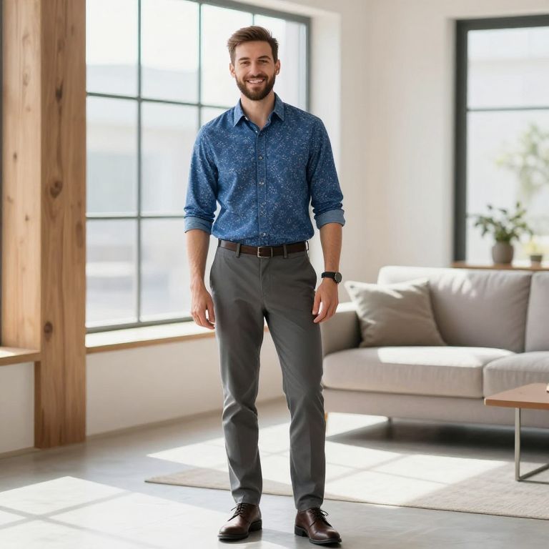 Confident Man in Stylish Blue Shirt Standing in Modern Living Room