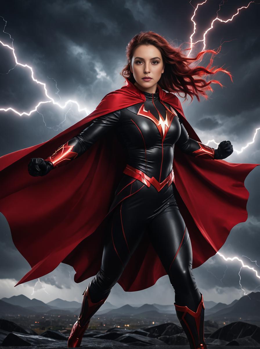 Strong Superhero Woman in Stormy Background