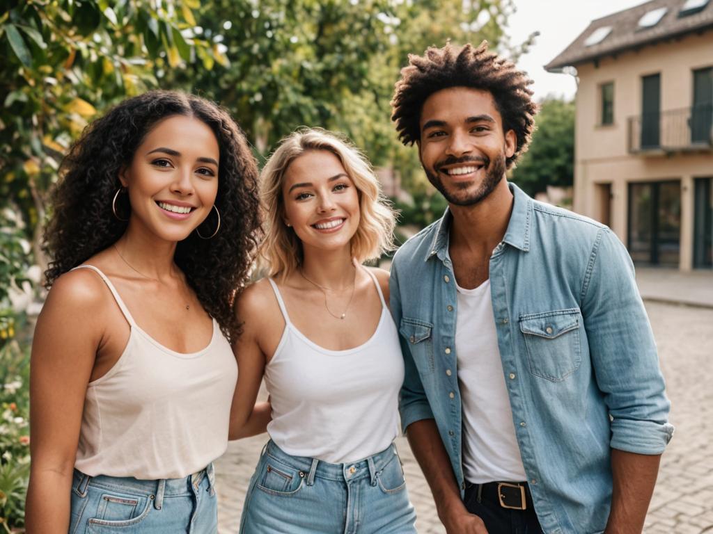 Three Friends Smiling in Stylish Streetwear