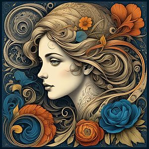 Woman with Flowing Hair and Vibrant Flowers