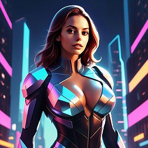 Woman in Futuristic Armor in Cyberpunk City
