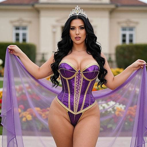 Woman in Purple Gold Corset and Tiara Outdoor Glamour Portrait