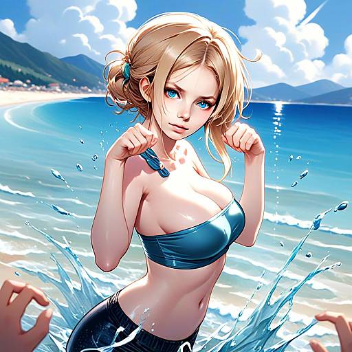 Anime Style Young Woman in Sporty Pose at Beach Splashing Water
